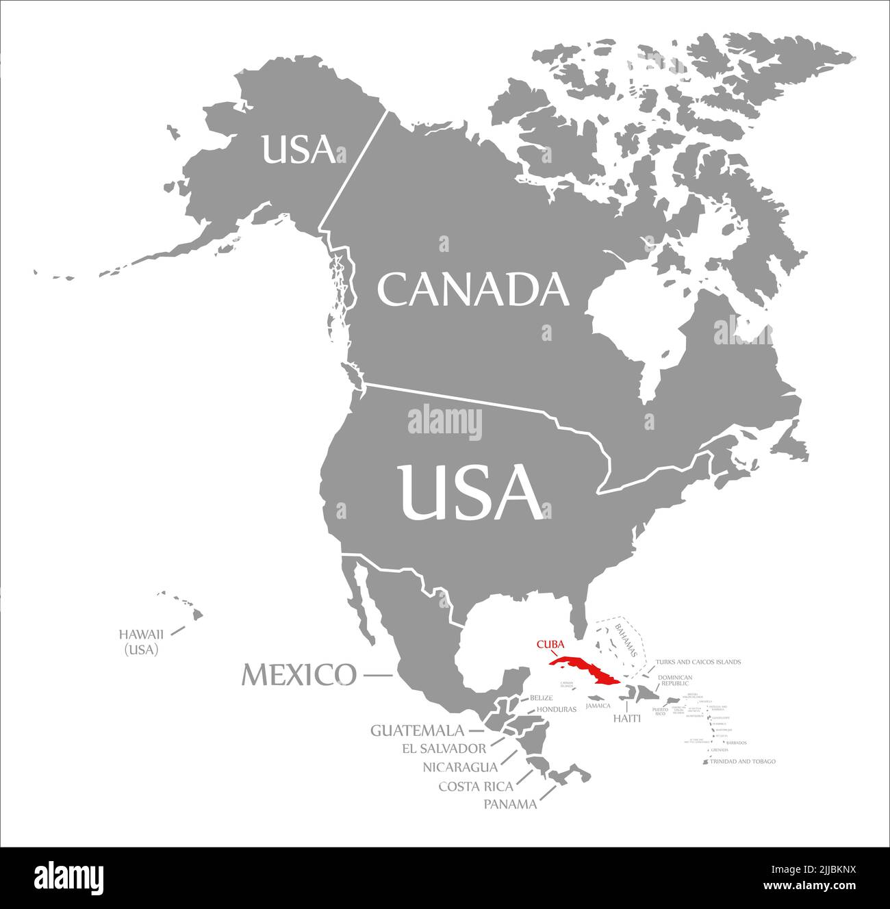 Cuba roja resaltada en el mapa de América del Norte Foto de stock