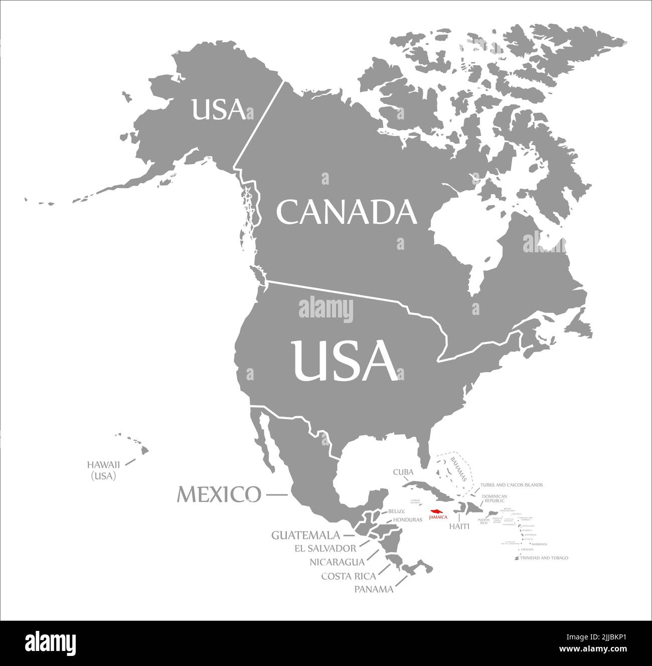 Jamaica rojo destacado en el mapa de América del Norte Foto de stock