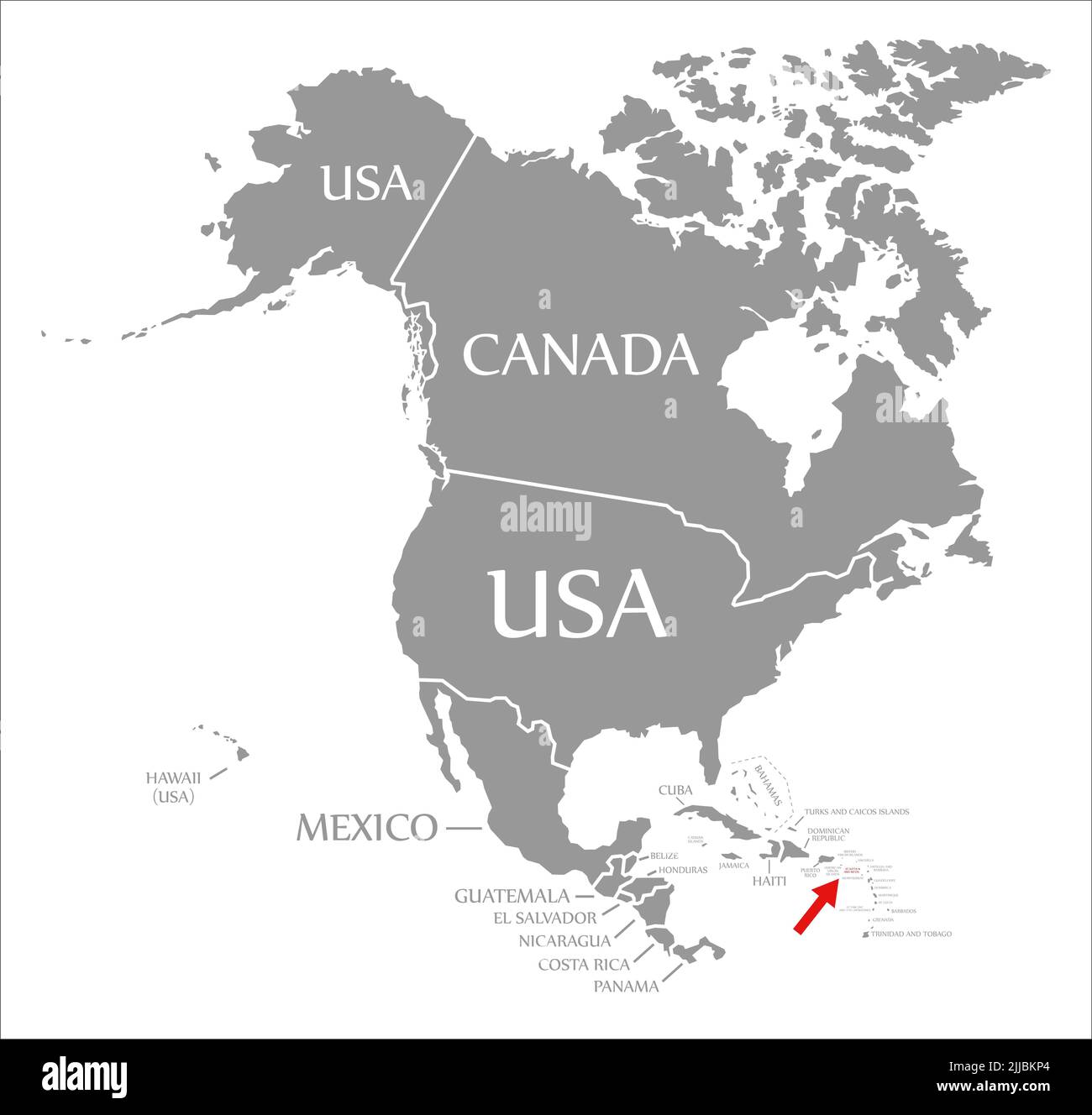 Saint Kitts y Nevis rojo destacado en el mapa de América del Norte Foto de stock