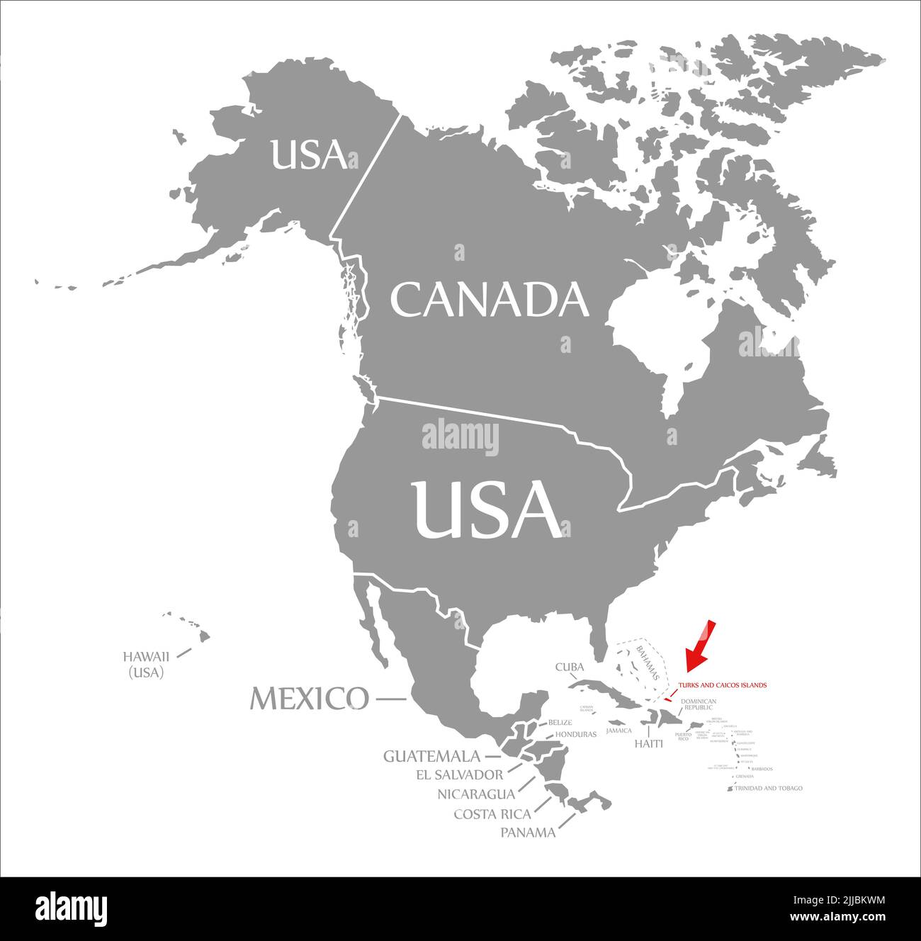 Islas Turcas y Caicos resaltadas en rojo en el mapa de América del Norte Foto de stock