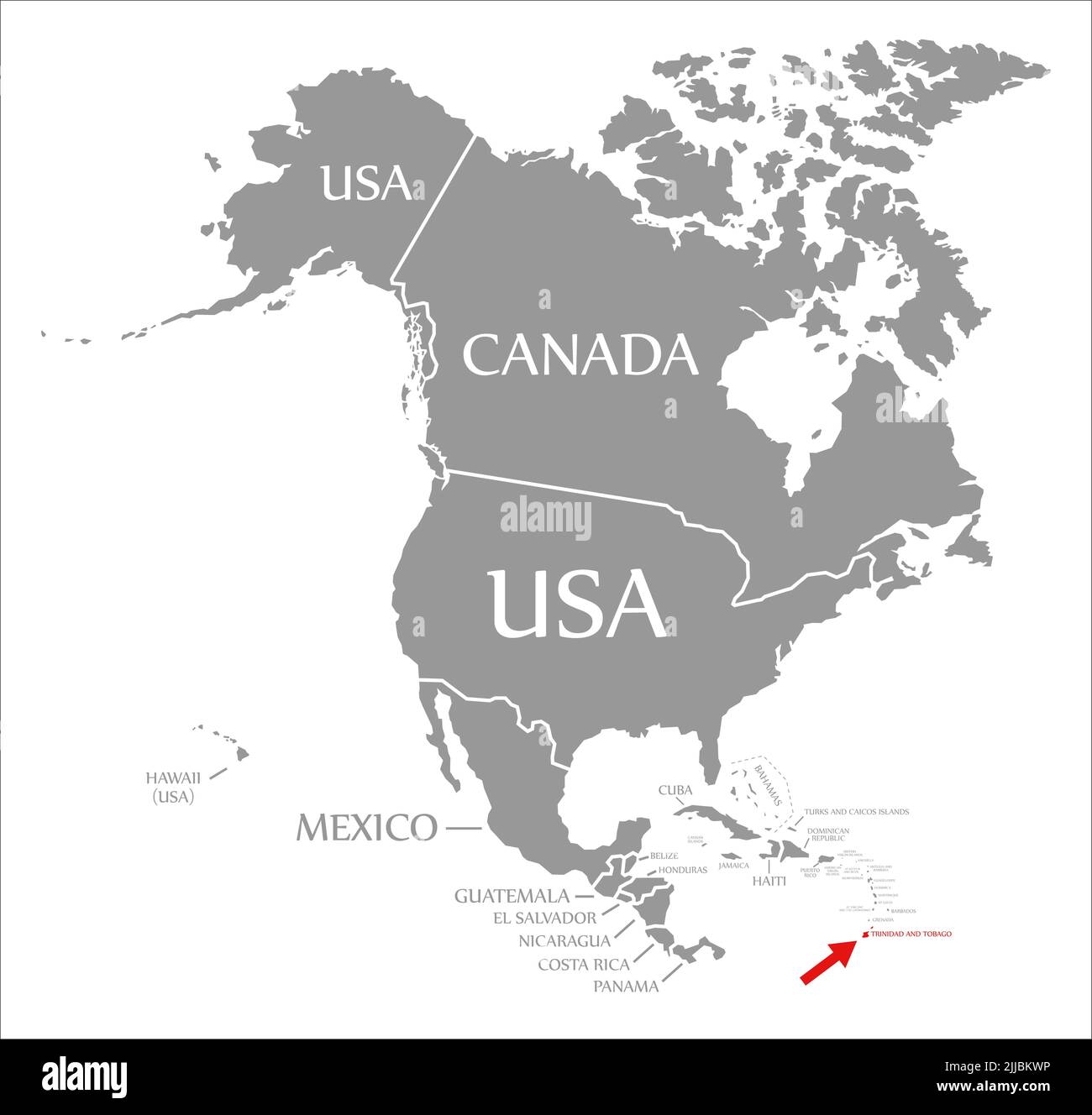 Trinidad y Tobago en rojo destacado en el mapa de América del Norte Foto de stock