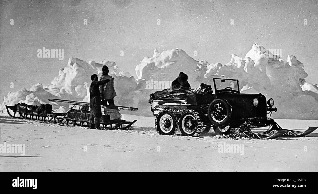 La moto de nieve, expedición antártica Byrd Foto de stock