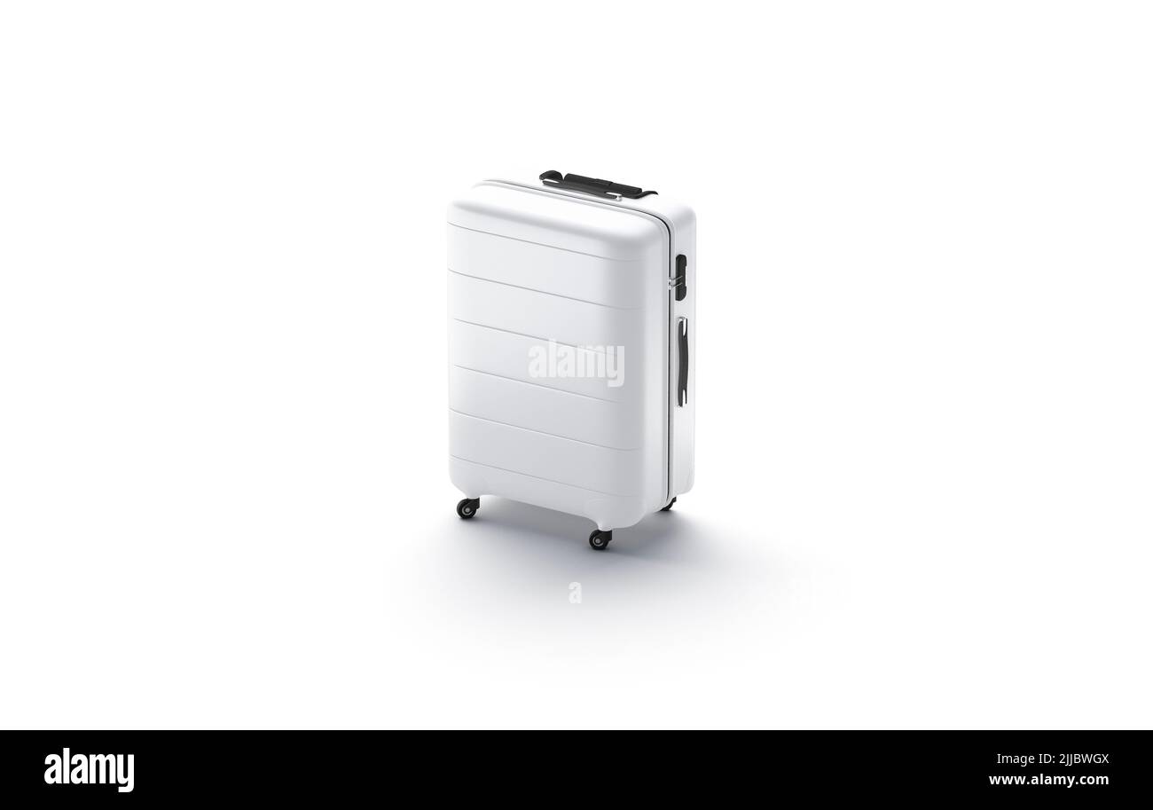 Soporte de maqueta de maleta blanca en blanco, vista lateral Foto de stock