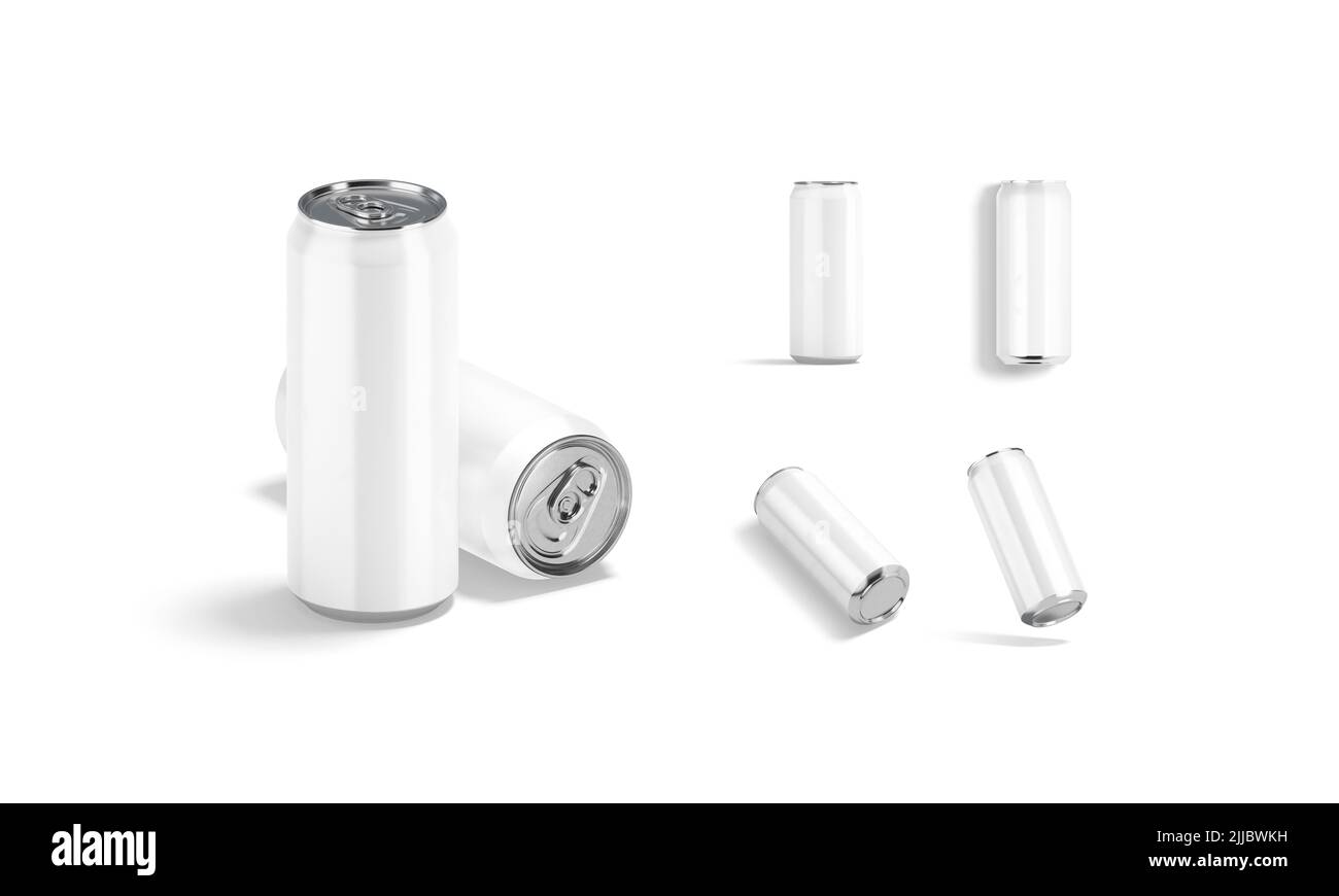 Blanco aluminio blanco en blanco 500 ml mockup lata de soda, diferentes vistas Foto de stock