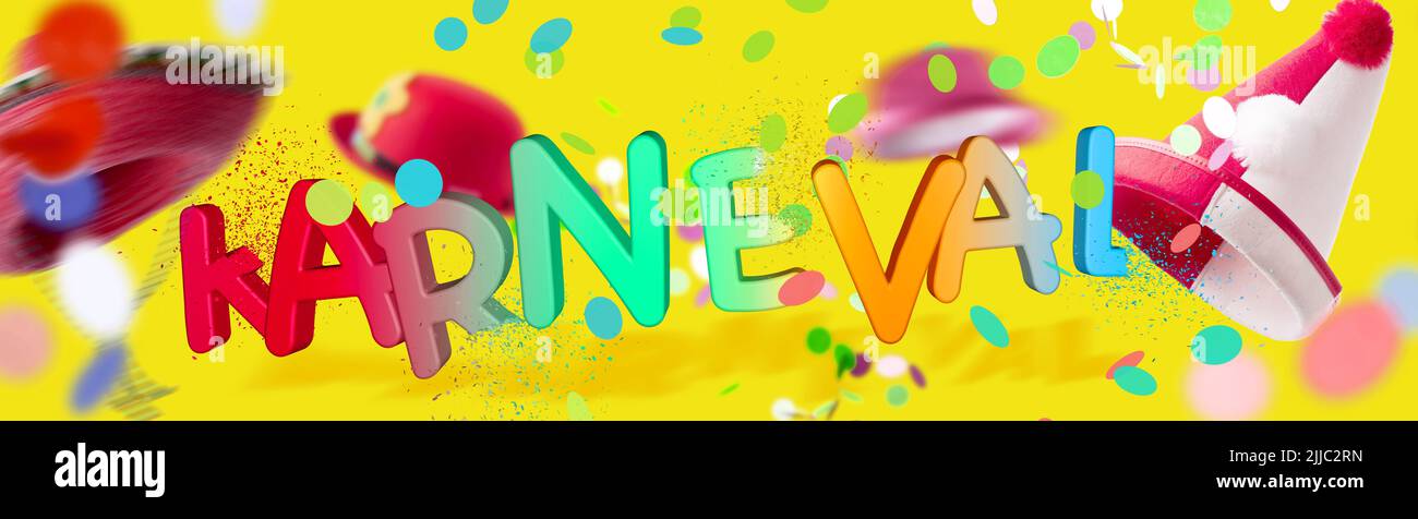 Banner con alemán Karneval palabra en 3D-ilustración con letras multicolores para el carnaval sobre fondo amarillo con varios sombreros y brillante caída c Foto de stock