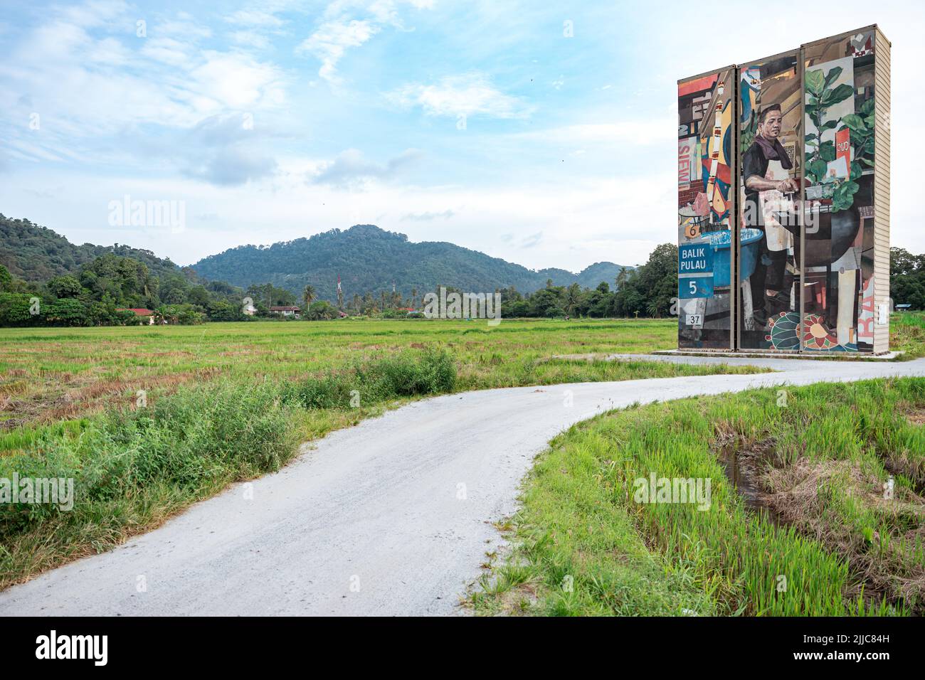 Penang Container Art Situado en el medio del campo de arroz. Este arte actualmente se exhibe en Balik Pulau, Isla Penang. Foto de stock