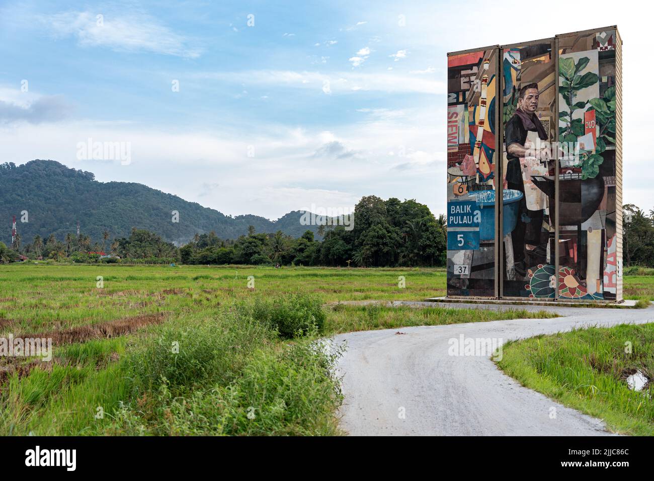 Penang Container Art Situado en el medio del campo de arroz. Este arte actualmente se exhibe en Balik Pulau, Isla Penang. Foto de stock