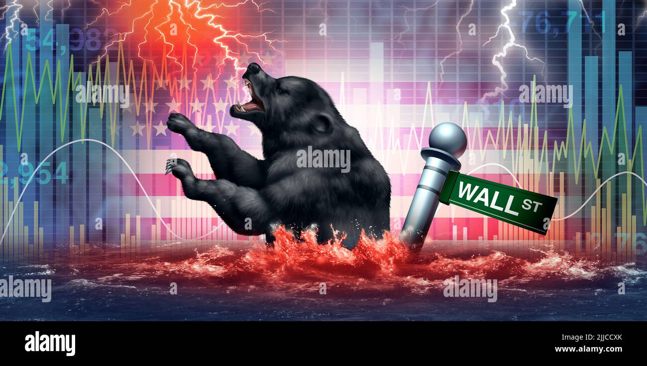 Wall Street Bear crisis de mercado y colapso económico o desastre financiero y el problema de crédito empresarial símbolo como un concepto de declive de la bolsa de valores. Foto de stock