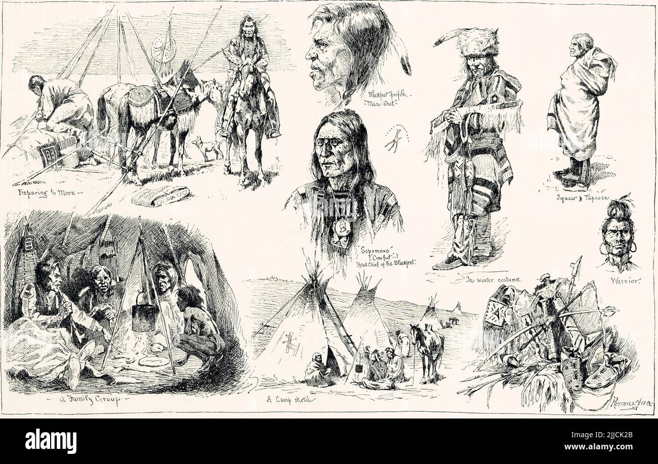 En las Logias de los Indios Blackfeet. Después de una obra del artista estadounidense Frederic Sackrider Remington, 1861 – 1909. Un montaje de bocetos que reflejan la sociedad india de Blackfeet. Foto de stock