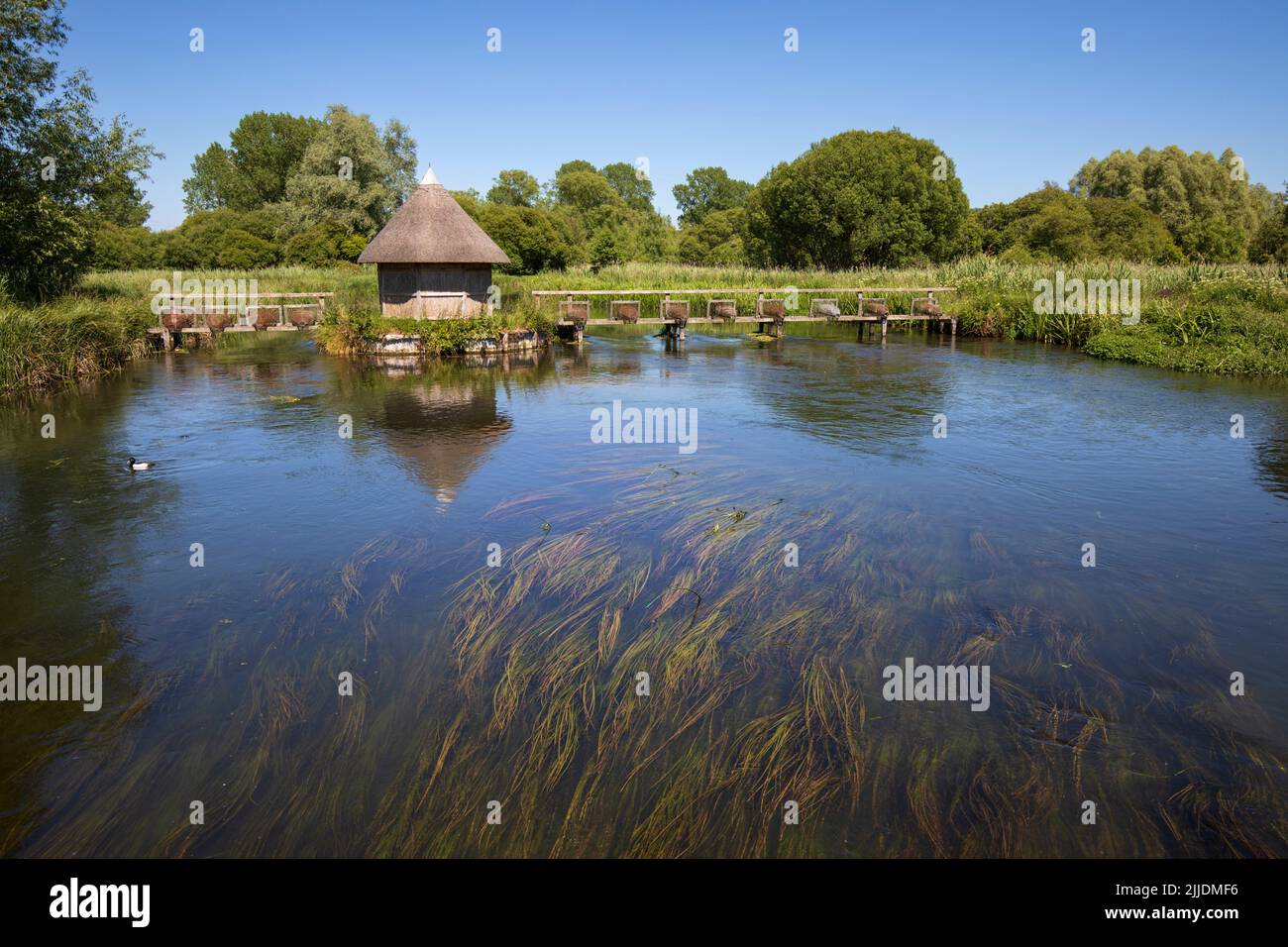 Cabaña de pesca con paja en el River Test, Longstock, Stockbridge, Hampshire, Inglaterra, Reino Unido, Europa Foto de stock