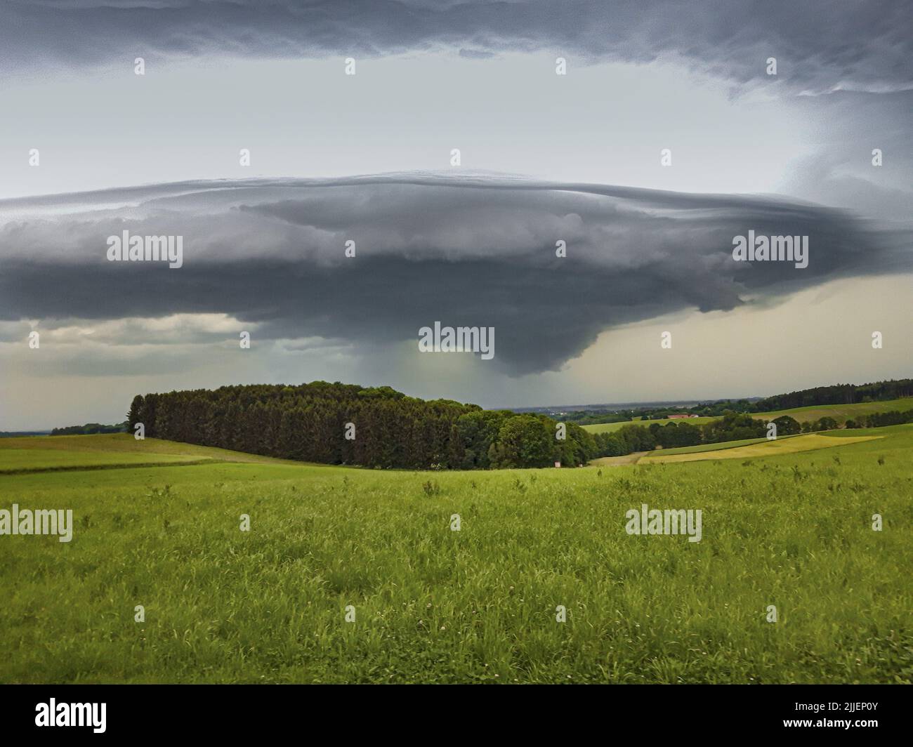 Tormenta eléctrica, célula compacta de tormenta eléctrica local, forma OVNI, Día de la Independencia, Alemania, Baviera, Erdinger Moos Foto de stock