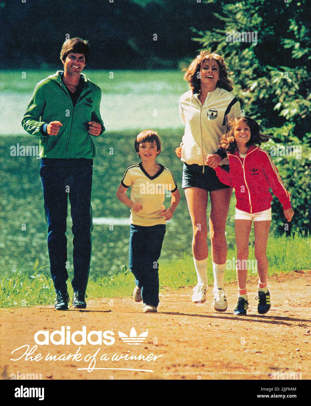 1980 Anuncio británico para ropa deportiva Adidas. Foto de stock
