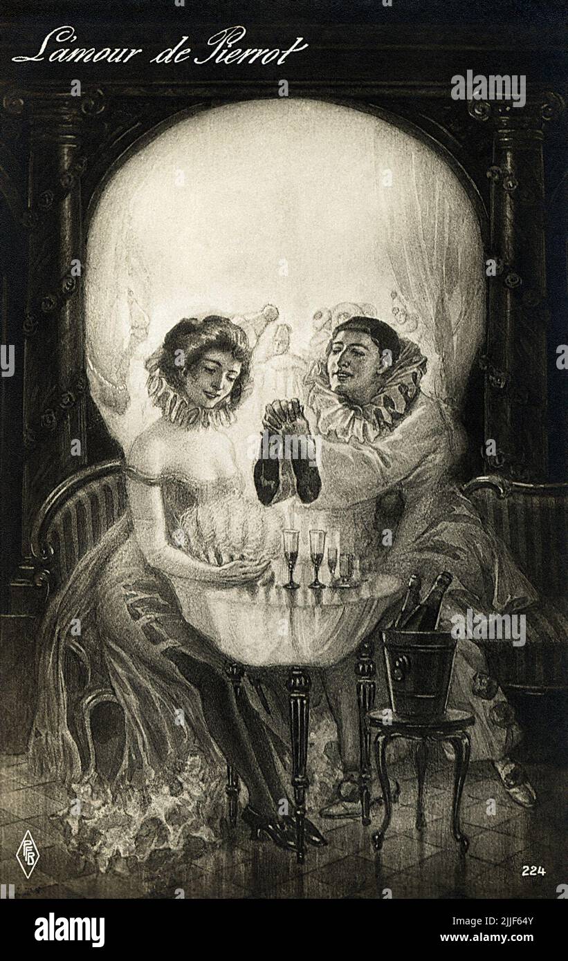 Vintage trompe l'oeil memento mori postal 'L'amour de Pierrot' mostrando un cráneo estilizado creado por las figuras de una pareja con disfraz. Foto de stock