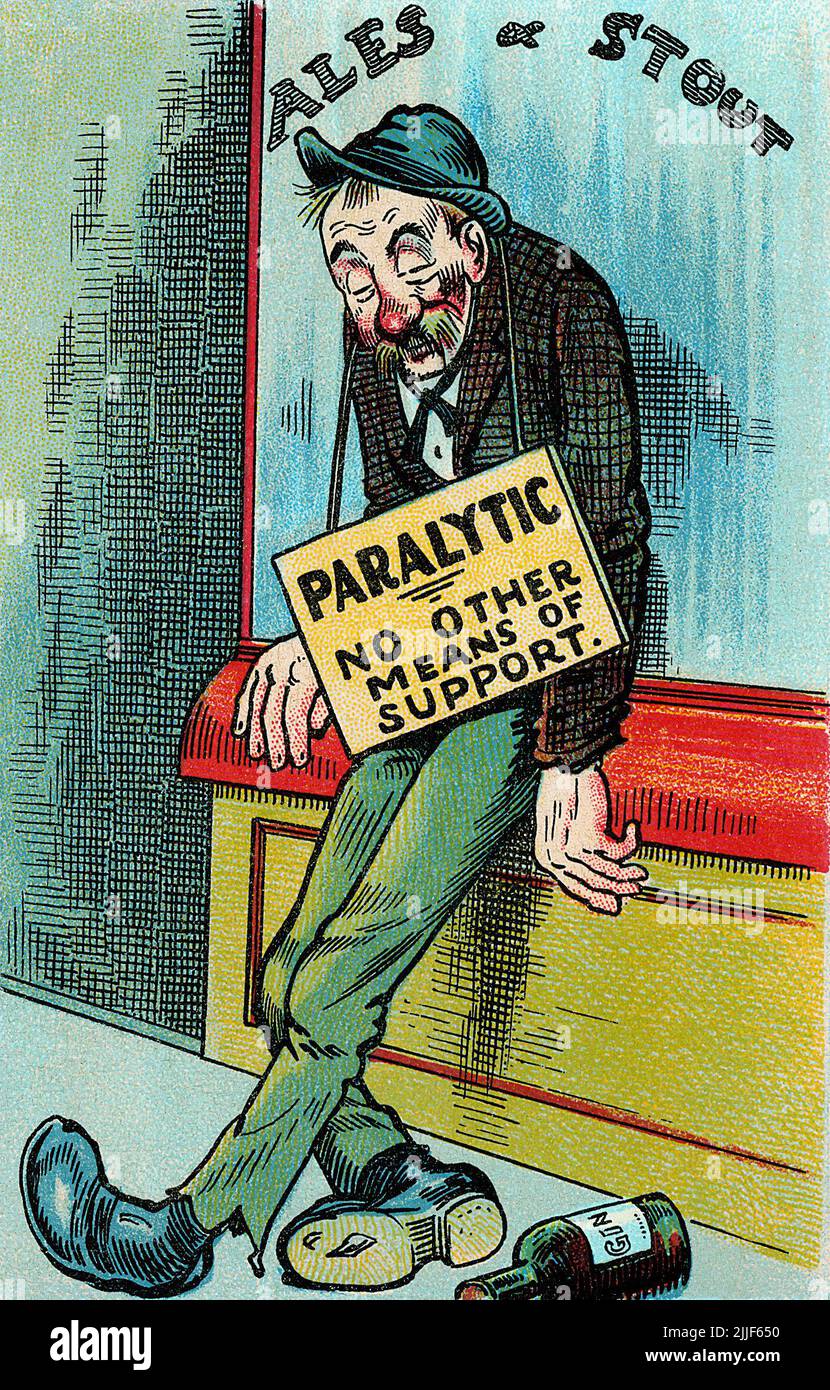 Postal vintage mostrando a un hombre alcohólico. Foto de stock