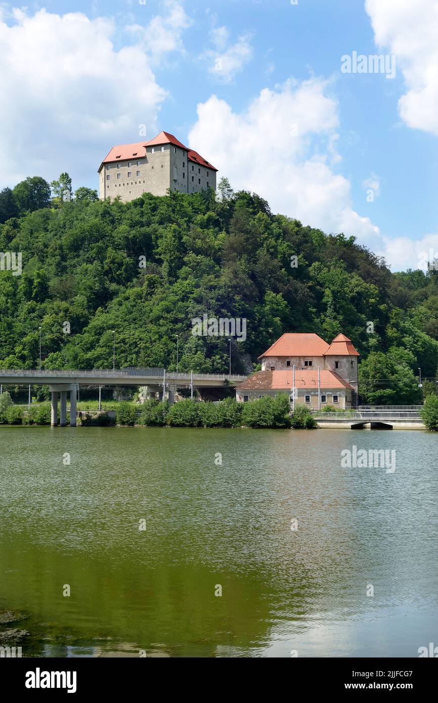Slovenija, el municipio de Krško, el castillo medieval de Rajhenburg y el castillo inferior dan vuelta en el río sava Foto de stock