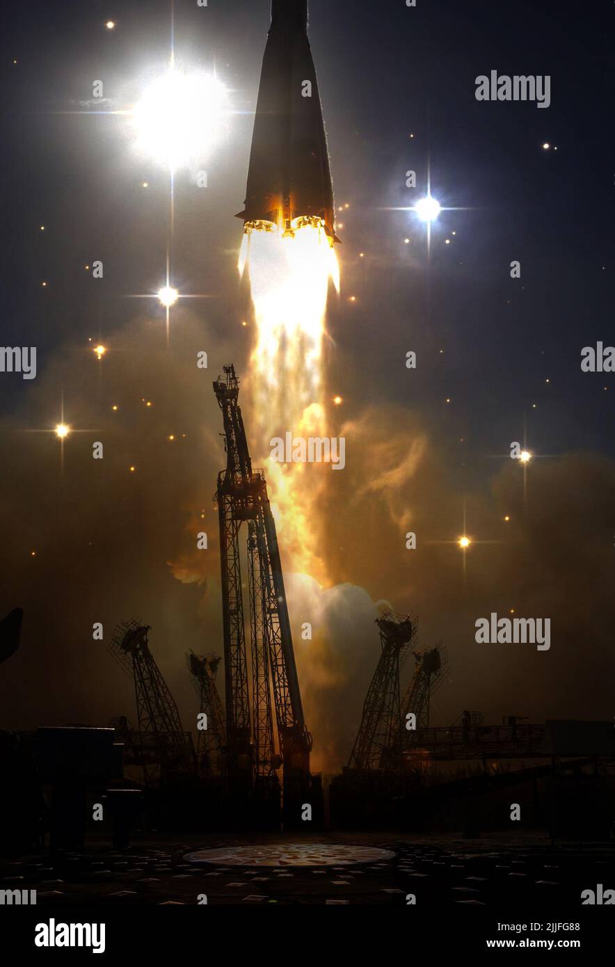 Lanzamiento de la nave espacial al espacio distante. Elementos de esta imagen proporcionados por la NASA. Foto de stock
