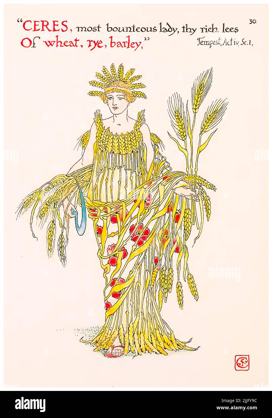 Trigo, centeno y cebada (Ceres) del libro ilustrado 'Flores del jardín de Shakespeare', ilustración de Walter Crane, 1909 Foto de stock