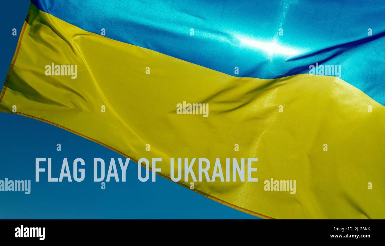 la bandera ucraniana volando en el cielo en un día soleado, a la luz del sol, y el texto bandera día de ucrania, en un formato panorámico para utilizar como web banner Foto de stock
