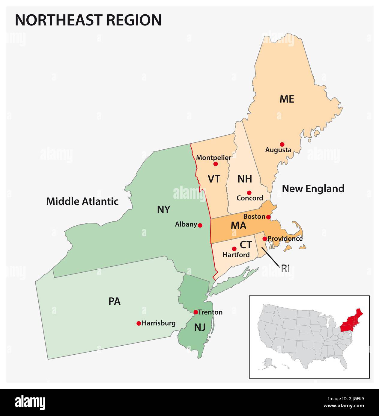 Mapa de vectores administrativos de la Región Noreste del Censo de Estados Unidos Foto de stock
