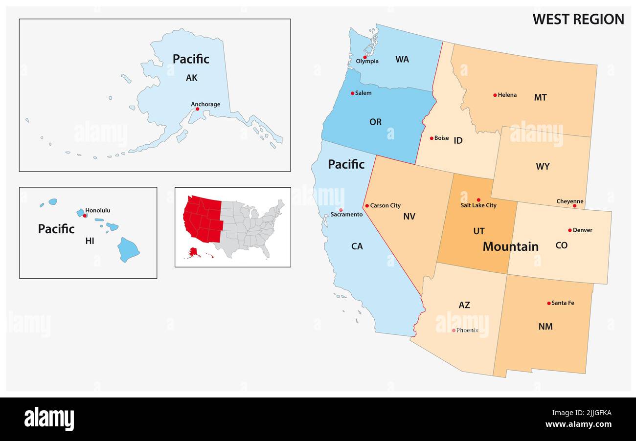 Mapa de vectores administrativos de la Región Oeste del Censo de los Estados Unidos Foto de stock