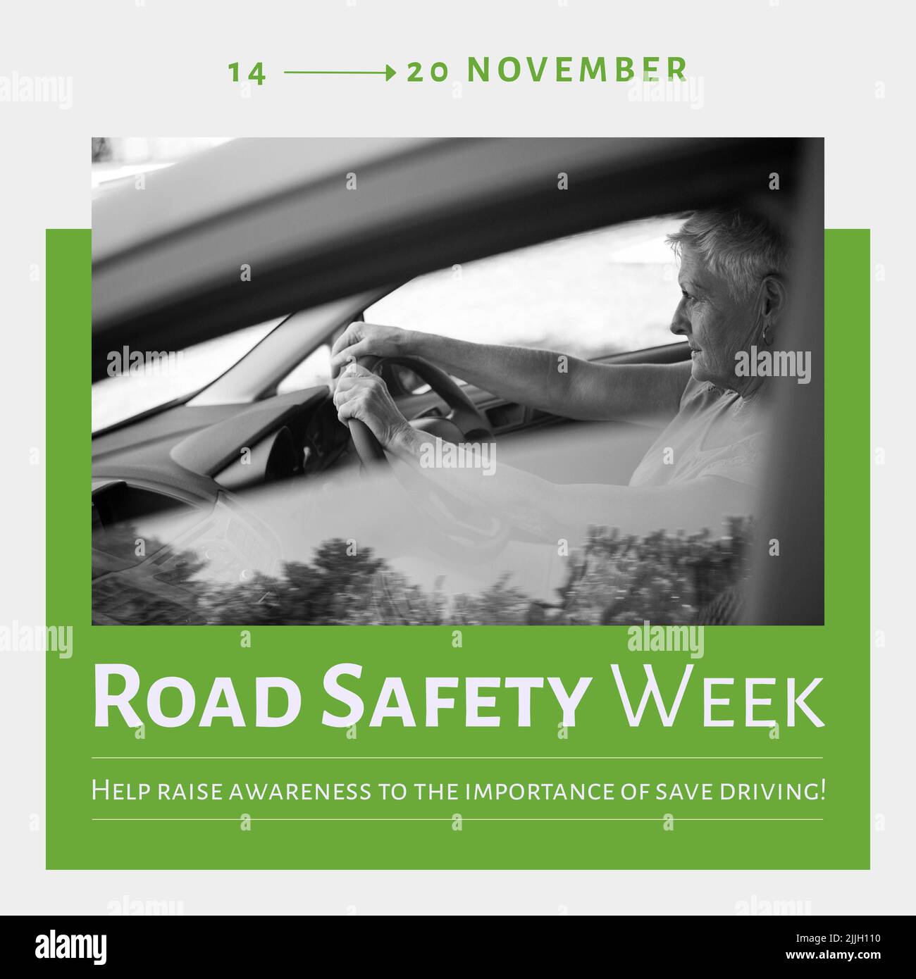 Composición del texto de la semana de seguridad vial sobre la mujer caucásica en coche Foto de stock