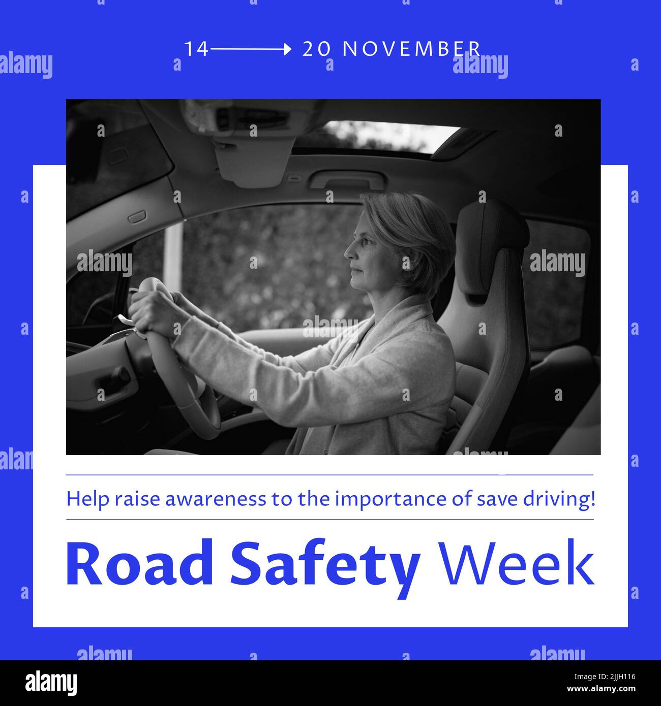 Composición del texto de la semana de seguridad vial sobre la mujer caucásica en coche Foto de stock