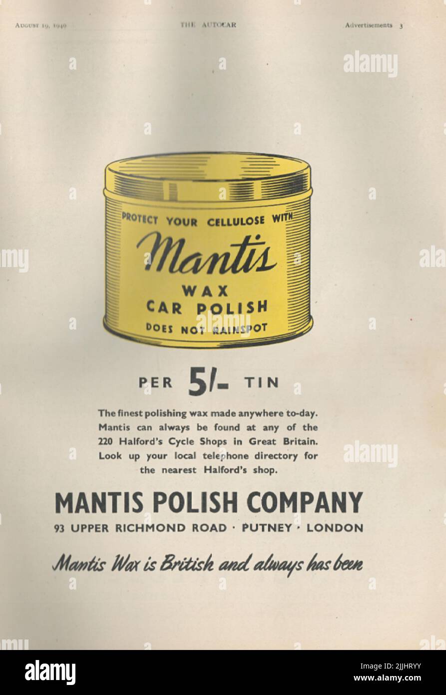 Mantis Polish Comany Cera coche Polisproteja su celulosa con Mantis car cera polish viejo anuncio de la vendimia de una revista de coches del Reino Unido 1949 Foto de stock