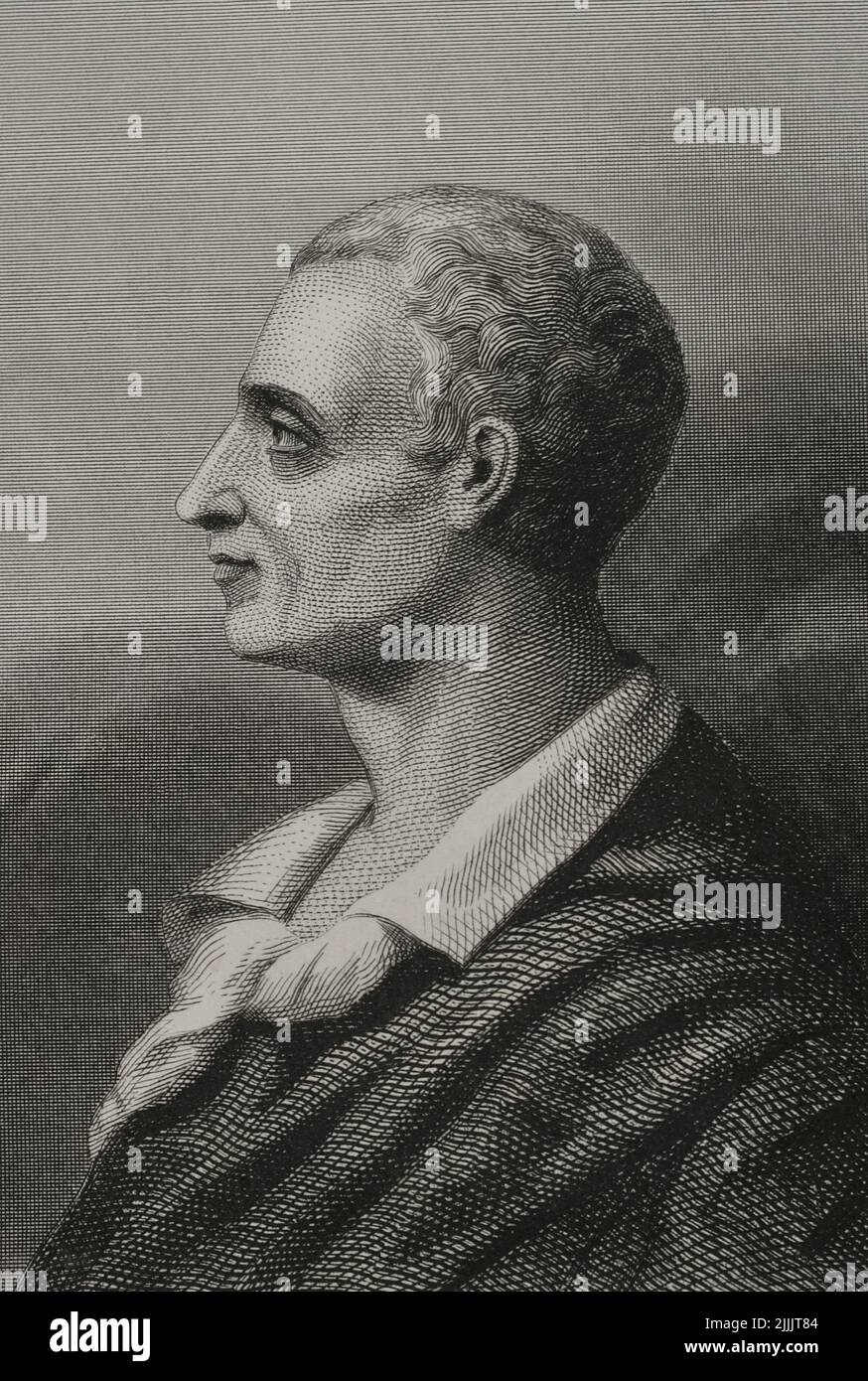 Montesquieu (1689-1755). Filósofo francés. Vertical. Grabado por Geoffroy. 'Historia Universal', de César Cantú. Volumen VIII 1858. Foto de stock