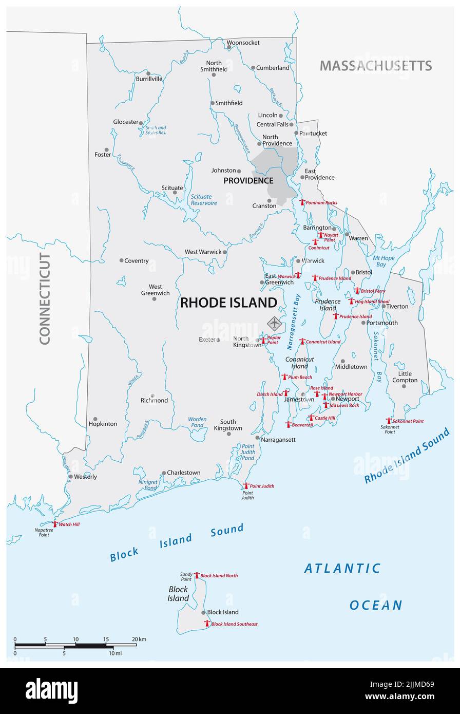 Mapa de vectores Lighthouse de Rhode Island, Estados Unidos Foto de stock