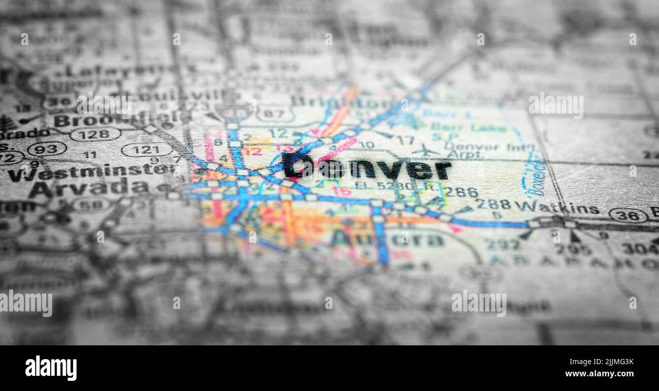 Viajes a lugares en vistas de mapa destinos de papel Denver Colorado Foto de stock