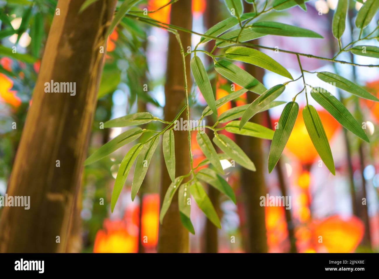 Una macro foto de hojas de bambú artificiales y linterna roja Año Nuevo chino para decoración Foto de stock