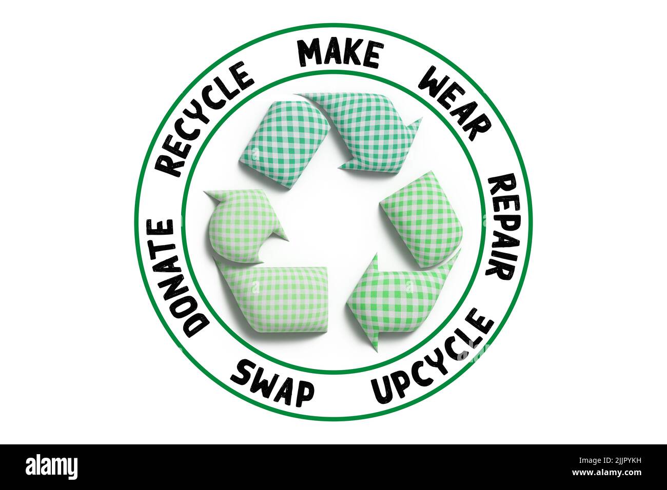 Circular de moda, marca, desgaste, reparación, upcycle, intercambiar, donar, reciclar con tela reciclar icono concepto de moda sostenible Foto de stock