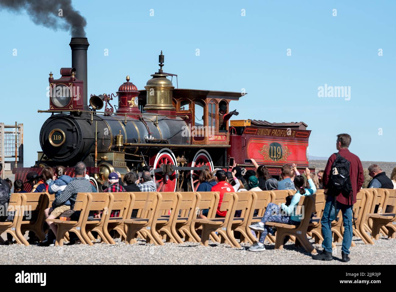 Demostración de locomotora 119, Parque Histórico Nacional Golden Spike, Utah. Foto de stock