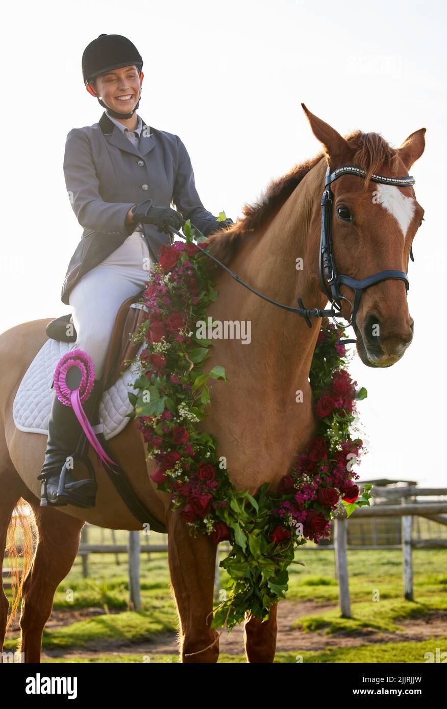 Una pareja ganadora. Una jinete joven atractiva sentada sobre sus caballos en el círculo de ganadores. Foto de stock