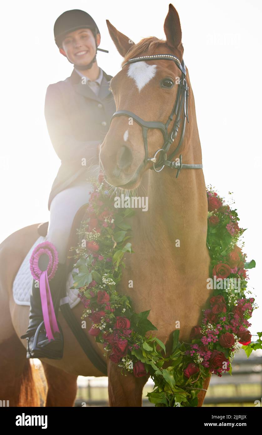 El círculo de los ganadores. Una jinete joven atractiva sentada en sus caballos detrás en el círculo de los ganadores. Foto de stock