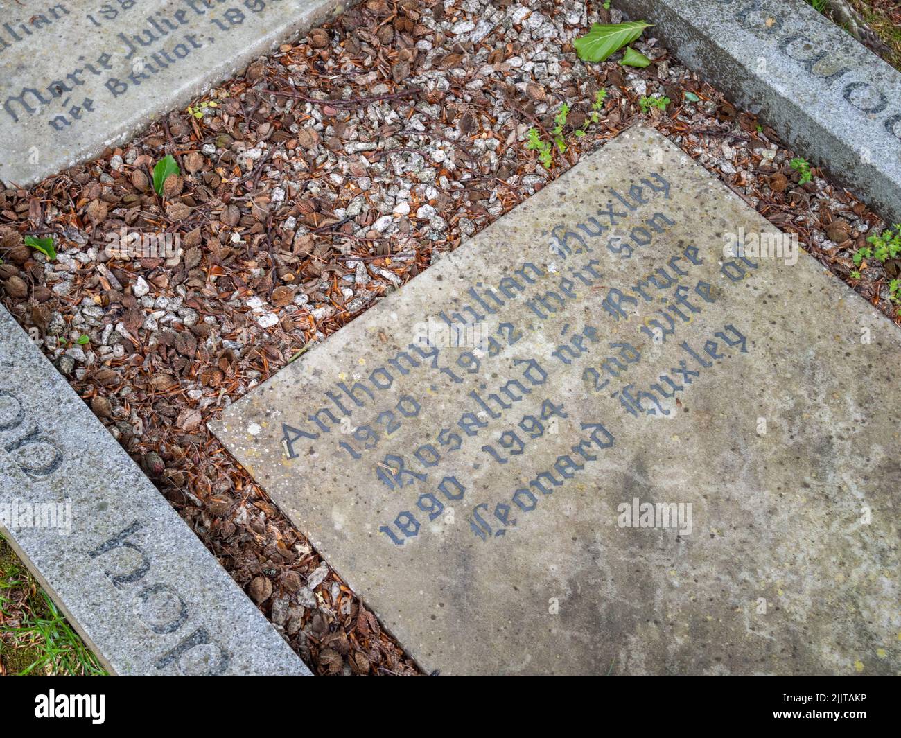 La tumba de la familia Huxley, donde las cenizas del famoso autor Aldous Huxley fueron enterradas; Watts Mortuary Chapel, Compton, Guildford, Surrey, REINO UNIDO Foto de stock