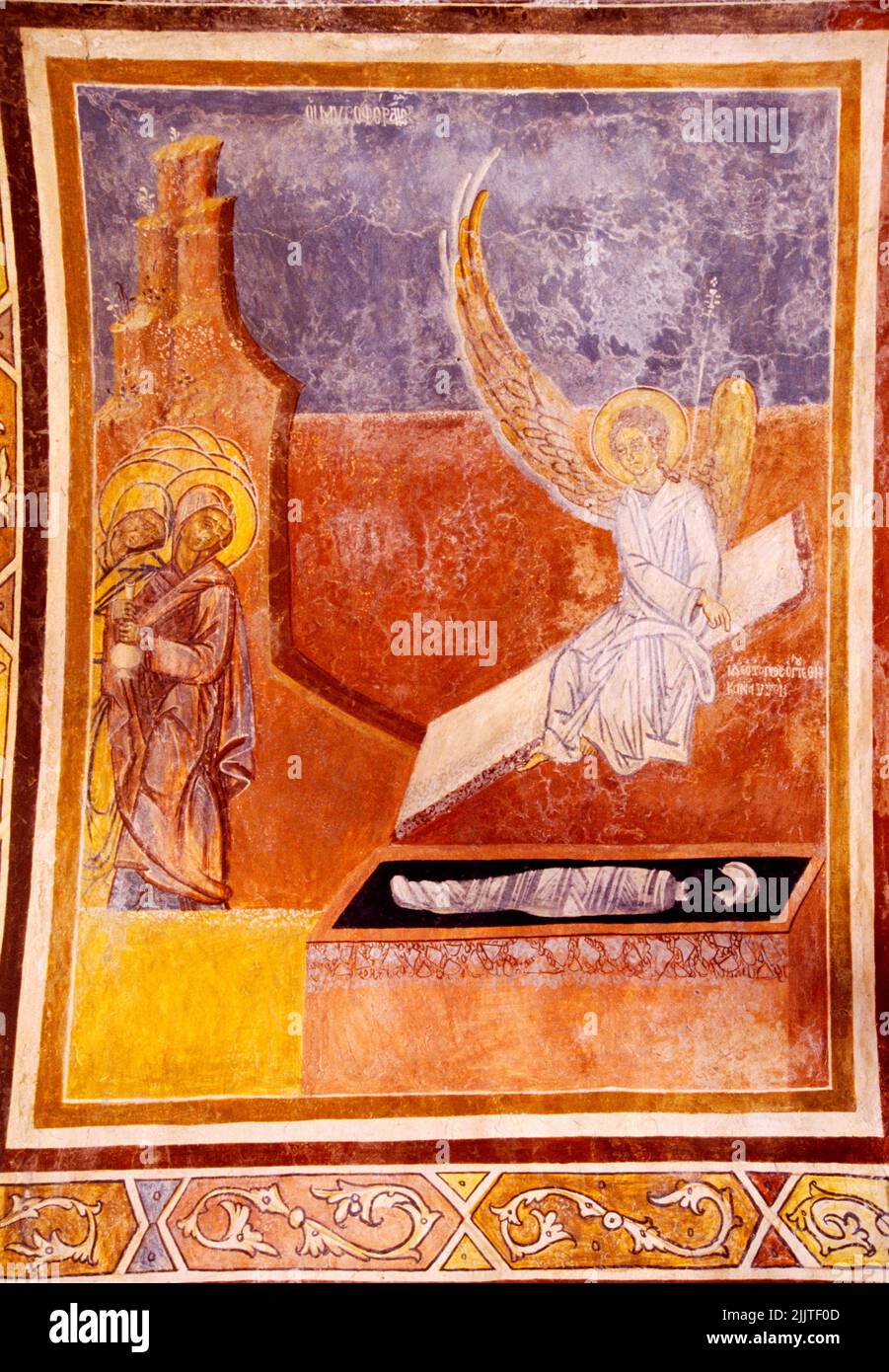 Rodas Grecia Thari Monasterio Fresco Lucas llevando mirra después de que Cristo ha resucitado de la tumba Fresco 1300- Foto de stock