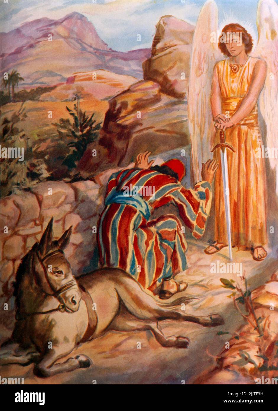 Balaam ve al Ángel del Señor y se inclina a sus pies después de golpear a su Donkeyfro retorneando el camino después de que el burro vio al Ángel con el S. Foto de stock