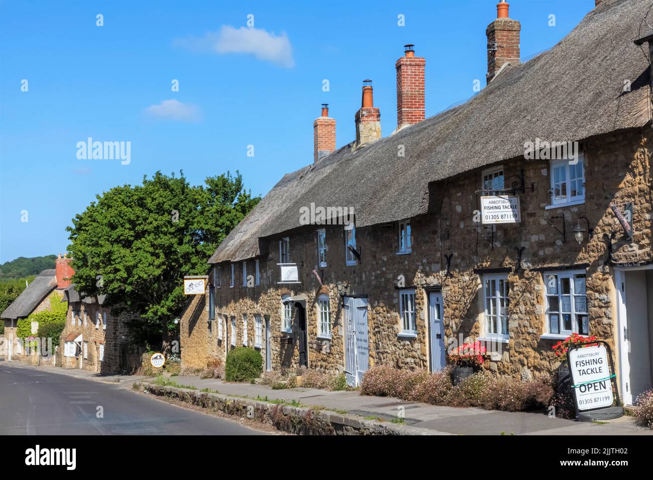 Inglaterra, Dorset, Abbotsbury, fila de casas históricas y tiendas Foto de stock