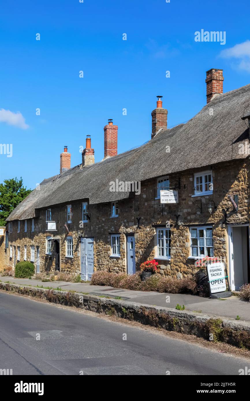 Inglaterra, Dorset, Abbotsbury, fila de casas históricas y tiendas Foto de stock