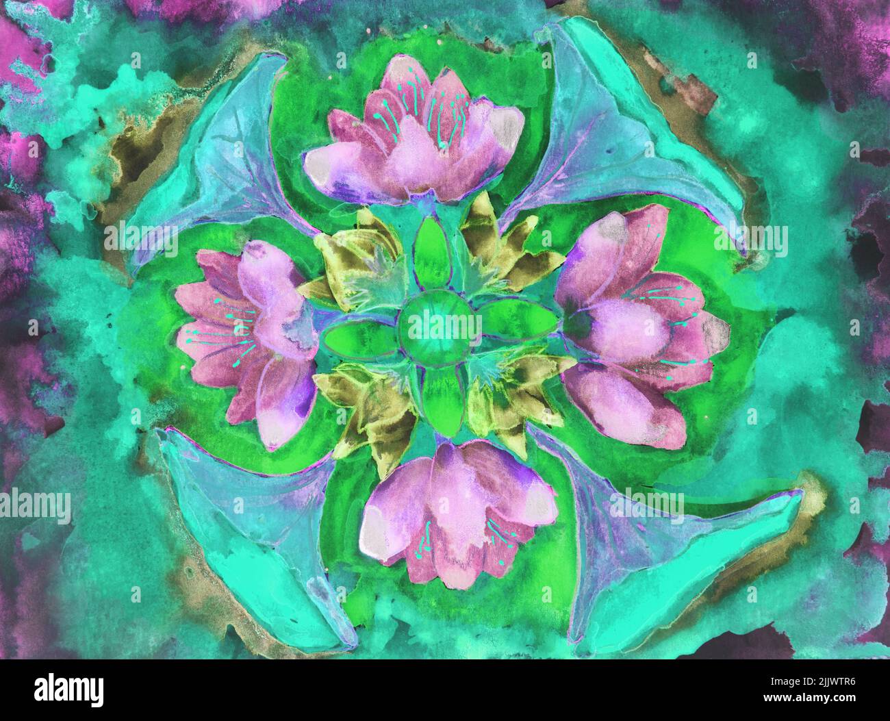 Flores de loto rosa vibrante con fondo verde. La técnica de dabbing cerca de los bordes proporciona un efecto de foco suave debido a la aspereza de la superficie alterada Foto de stock