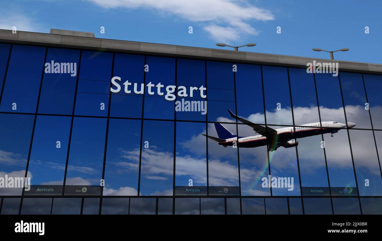 Avión que aterriza en Stuttgart, Alemania 3D haciendo ilustración. Llegada a la ciudad con la terminal de cristal del aeropuerto y reflejo de avión a reacción. Tra Foto de stock