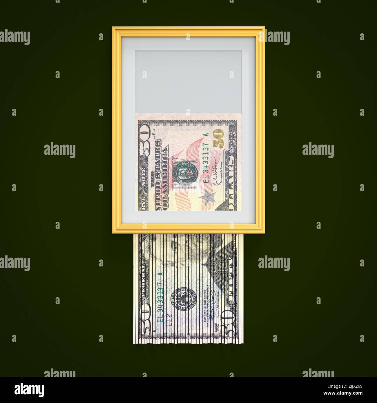 enmarcado autodestrucción de dinero de 50 dólares. presentación 3d Foto de stock