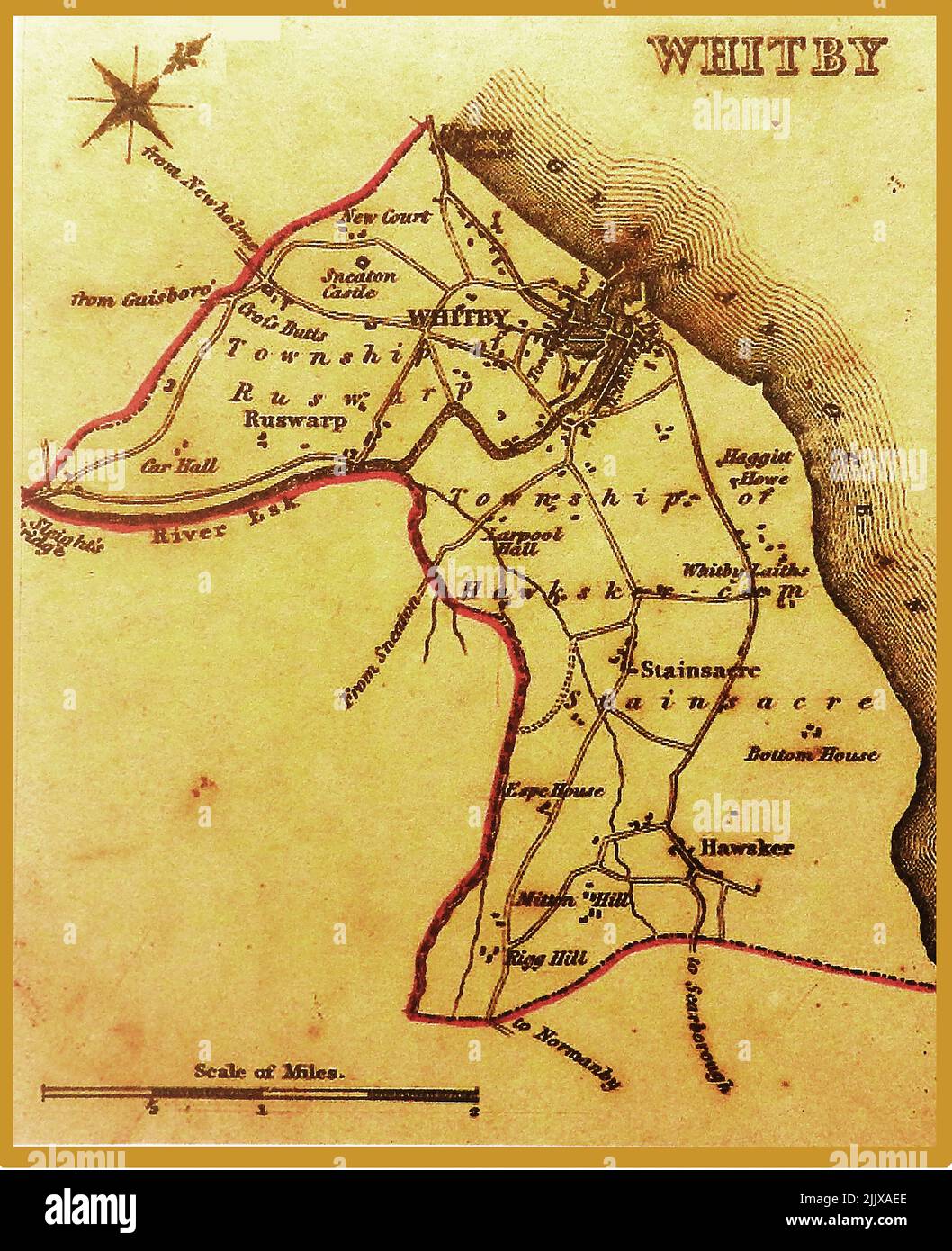 Un antiguo mapa de Whitby, Yorkshire en los años 1830 Foto de stock