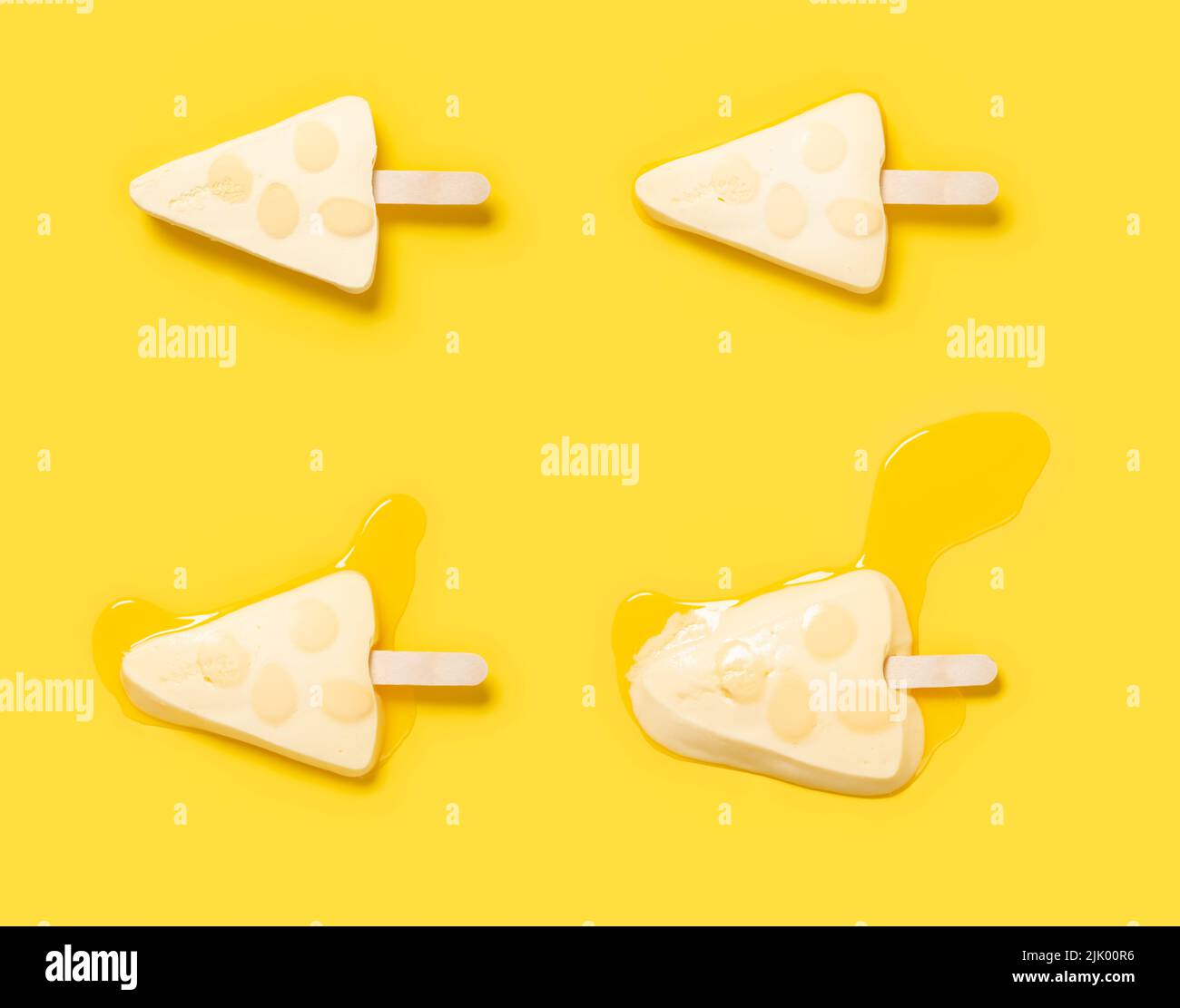 forma de queso y sabor popsice proceso de fusión en amarillo en ángulo superior vista Foto de stock