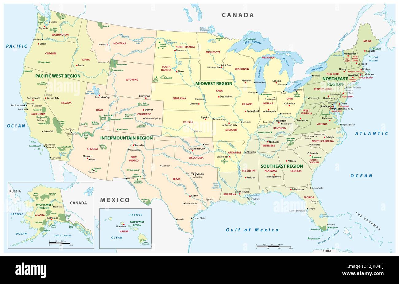 Mapa vectorial de parques nacionales, Estados Unidos Foto de stock