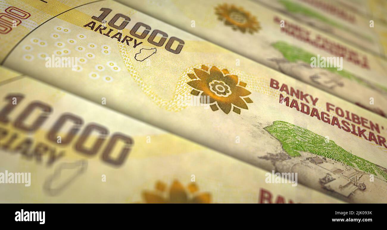 Ilustración 3D de la impresión de dinero Ariaria malgache. Impresión de billetes MGA. Concepto de finanzas, efectivo, crisis económica, éxito empresarial, recesión, banco, impuesto a Foto de stock