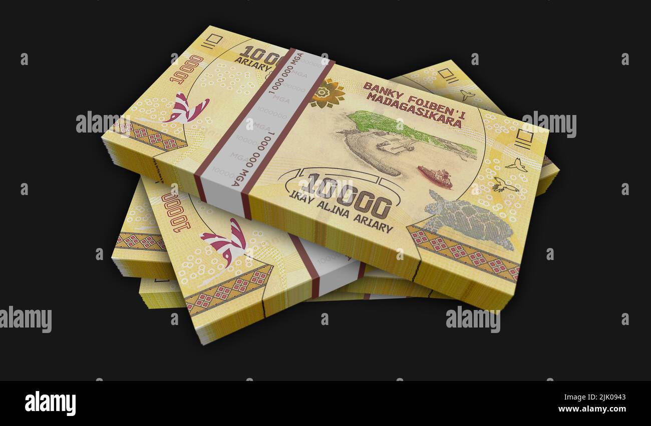 Money pack Ariary malgache 3D ilustración. Pilas de bultos de billetes MGA. Concepto de finanzas, efectivo, crisis económica, éxito empresarial, recesión, banco, t Foto de stock