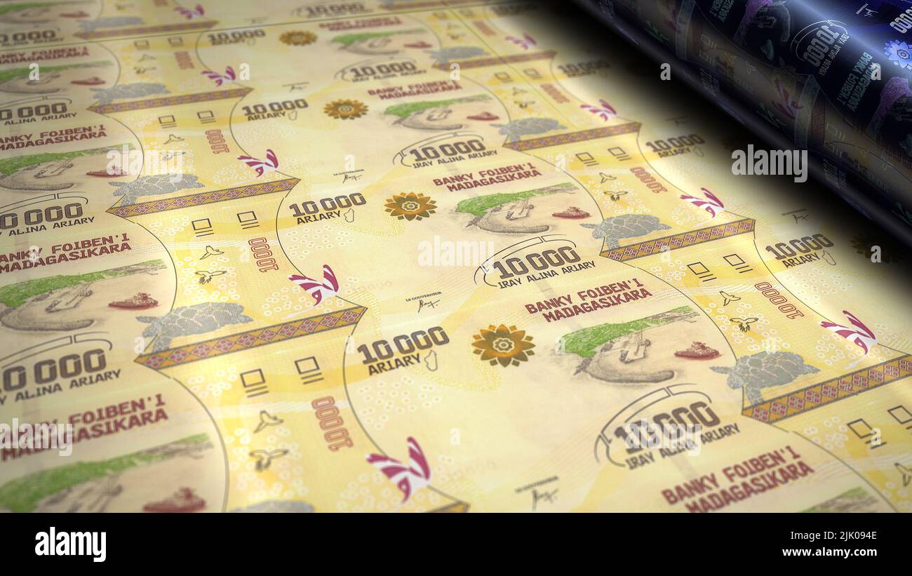 Ilustración 3D de la impresión de dinero Ariaria malgache. Impresión de billetes MGA. Concepto de finanzas, efectivo, crisis económica, éxito empresarial, recesión, banco, impuesto a Foto de stock