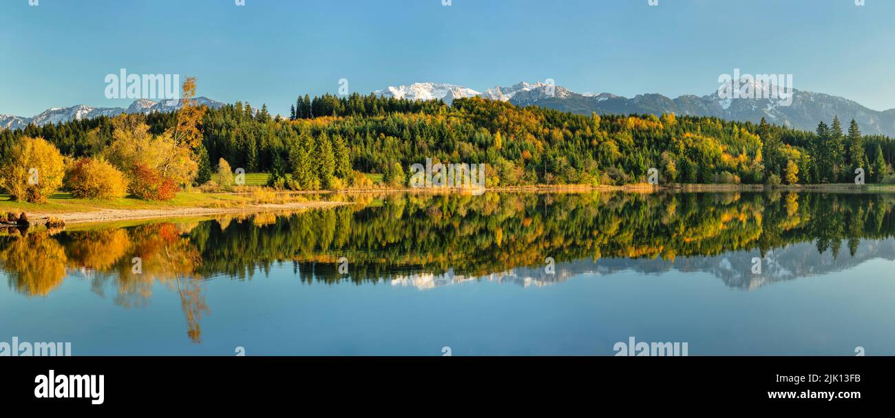 Allgau Alpes Reflexionando en el lago Forggensee, Allgau, Baviera, Alemania, Europa Foto de stock